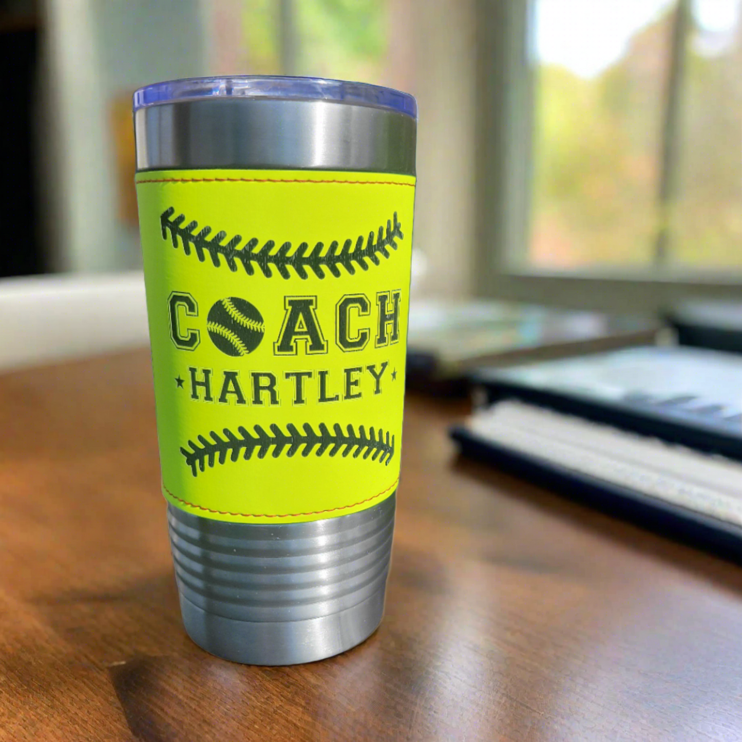 Personalized Softball Coach Drink Tumbler, custom drink tumbler gift for softball coach, real softball texture