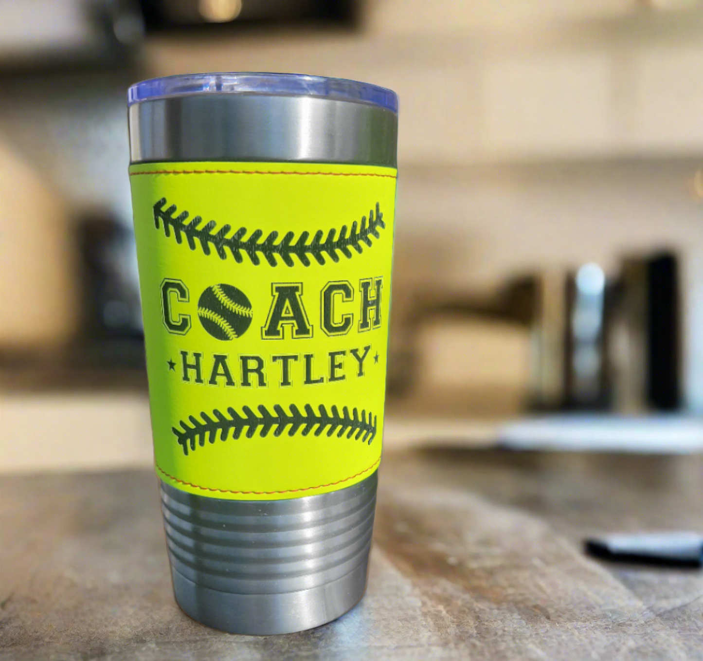 Personalized Softball Coach Drink Tumbler, custom drink tumbler gift for softball coach, real softball texture