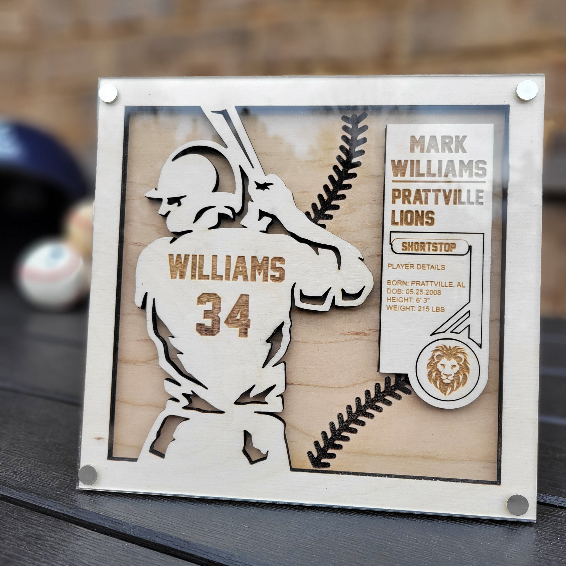 Personalized baseball player plaque with a stained background, professional photography, with a name, year, and team engraved, also personalized with a baseball logo, natural wood, stylish design,
