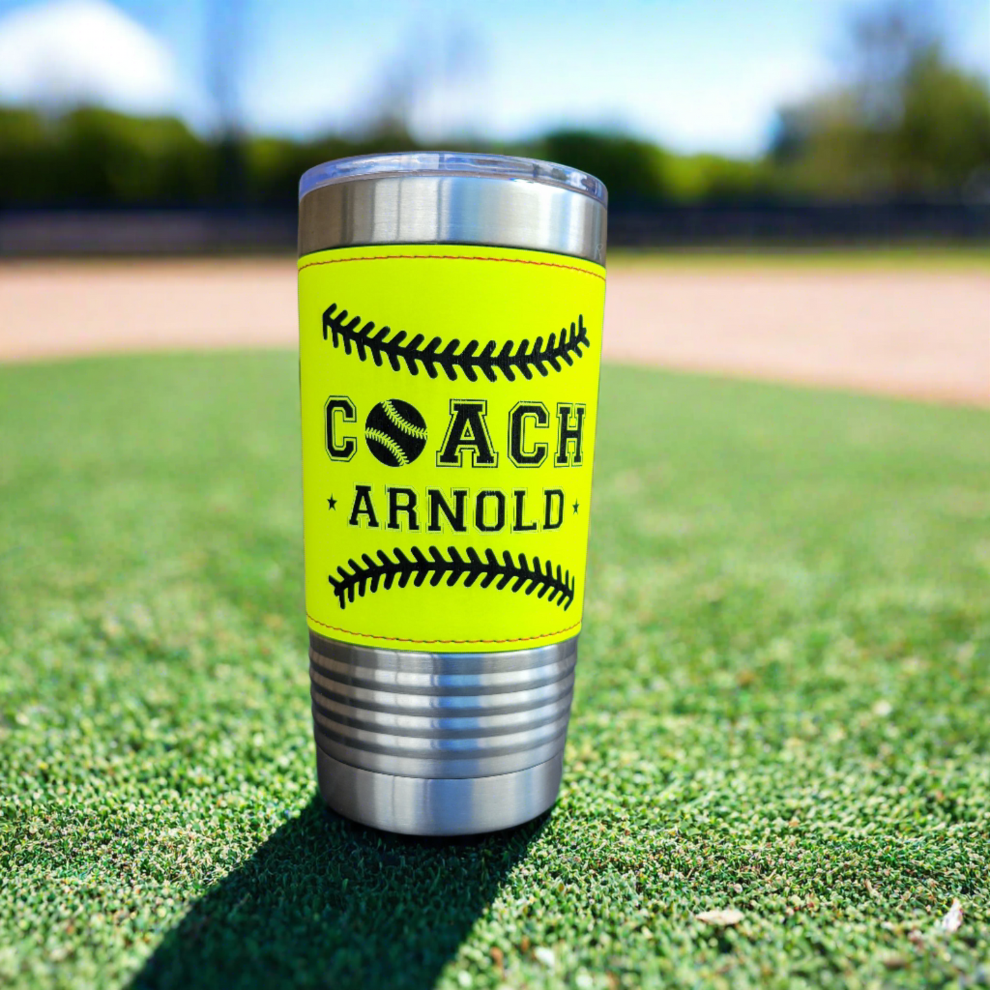 Personalized Softball Coach Drink Tumbler, custom drink tumbler gift for softball coach, real softball texture