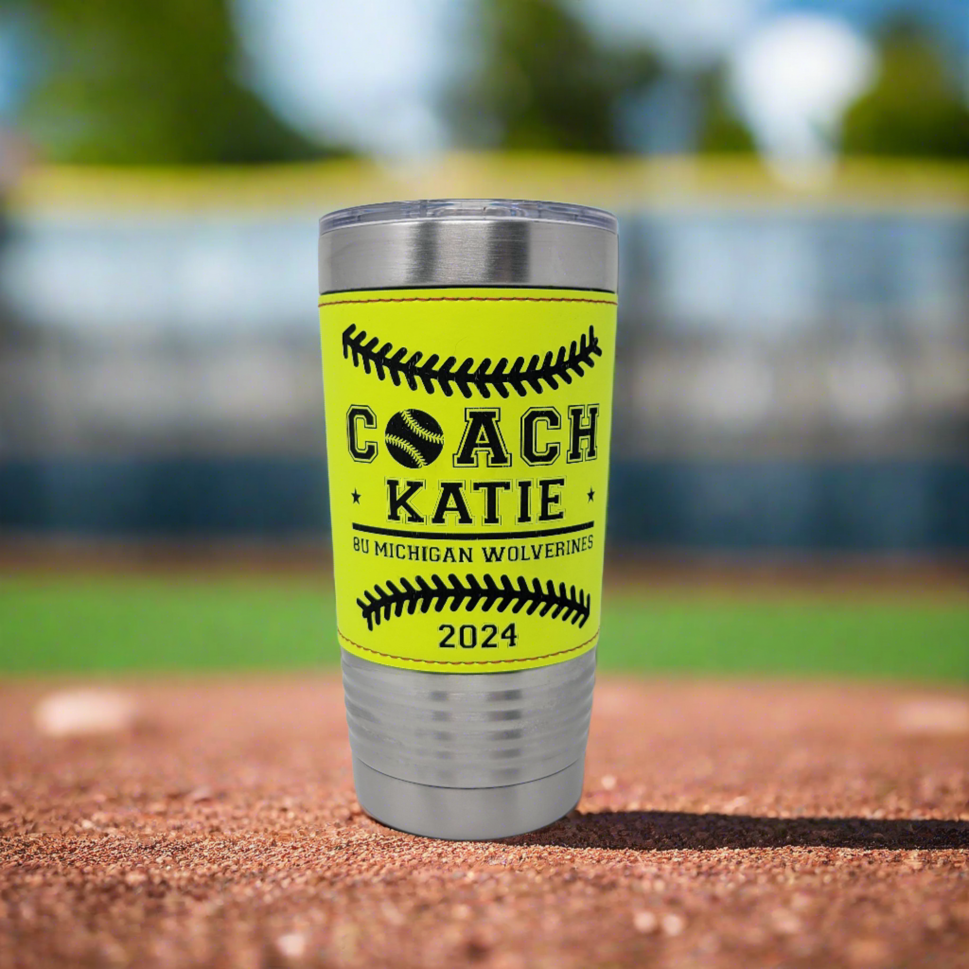 Personalized Softball Coach Drink Tumbler, custom drink tumbler gift for softball coach, real softball texture