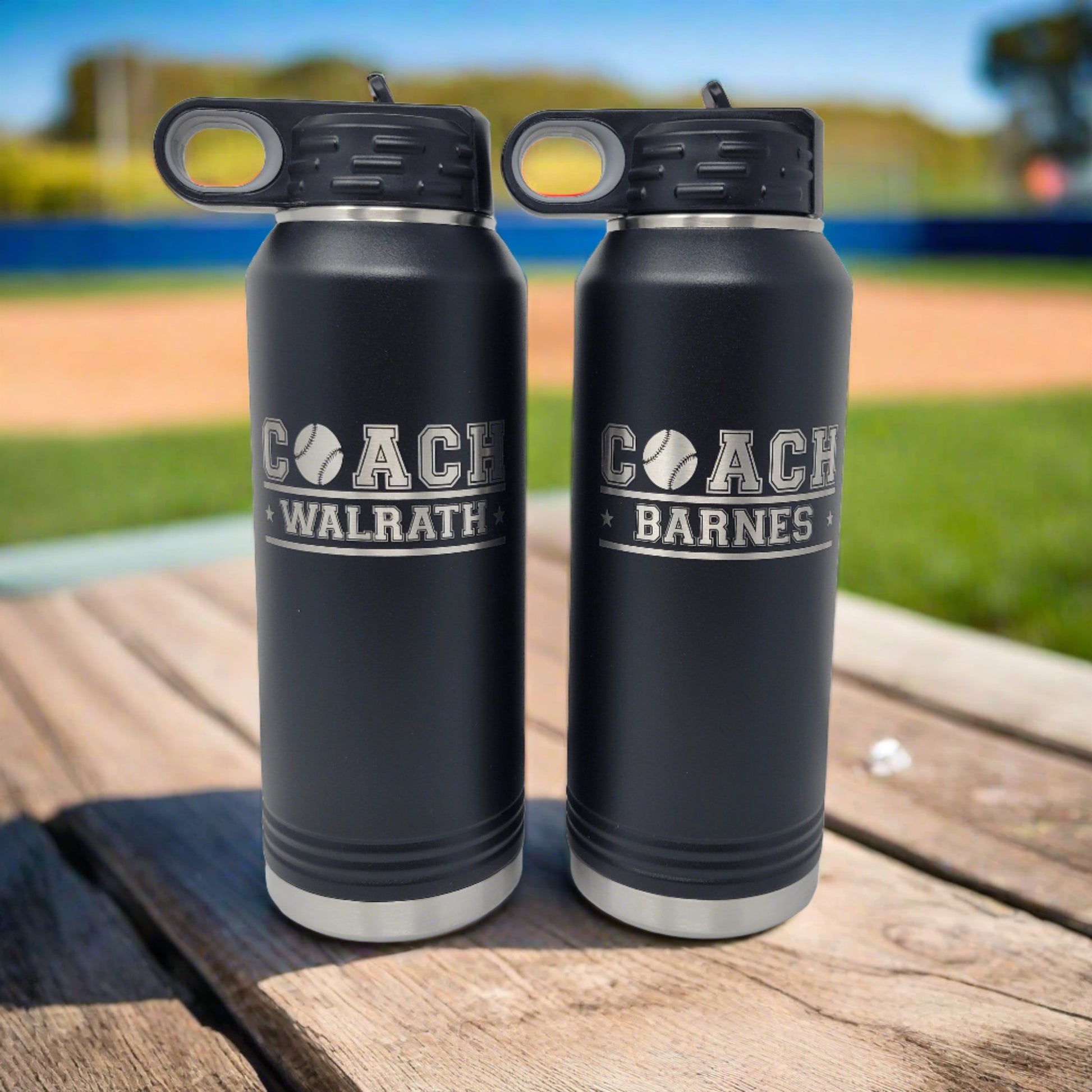 personalized baseball coach water bottles, on a bench at the baseball field, sunny day, blue sky, professional photography