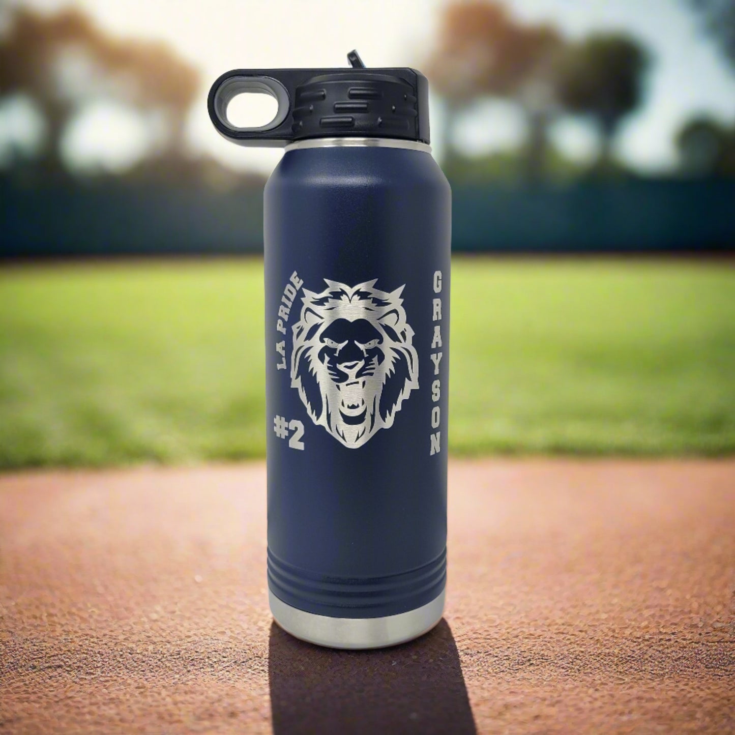water bottle at a baseball field, sunny day, professional photography