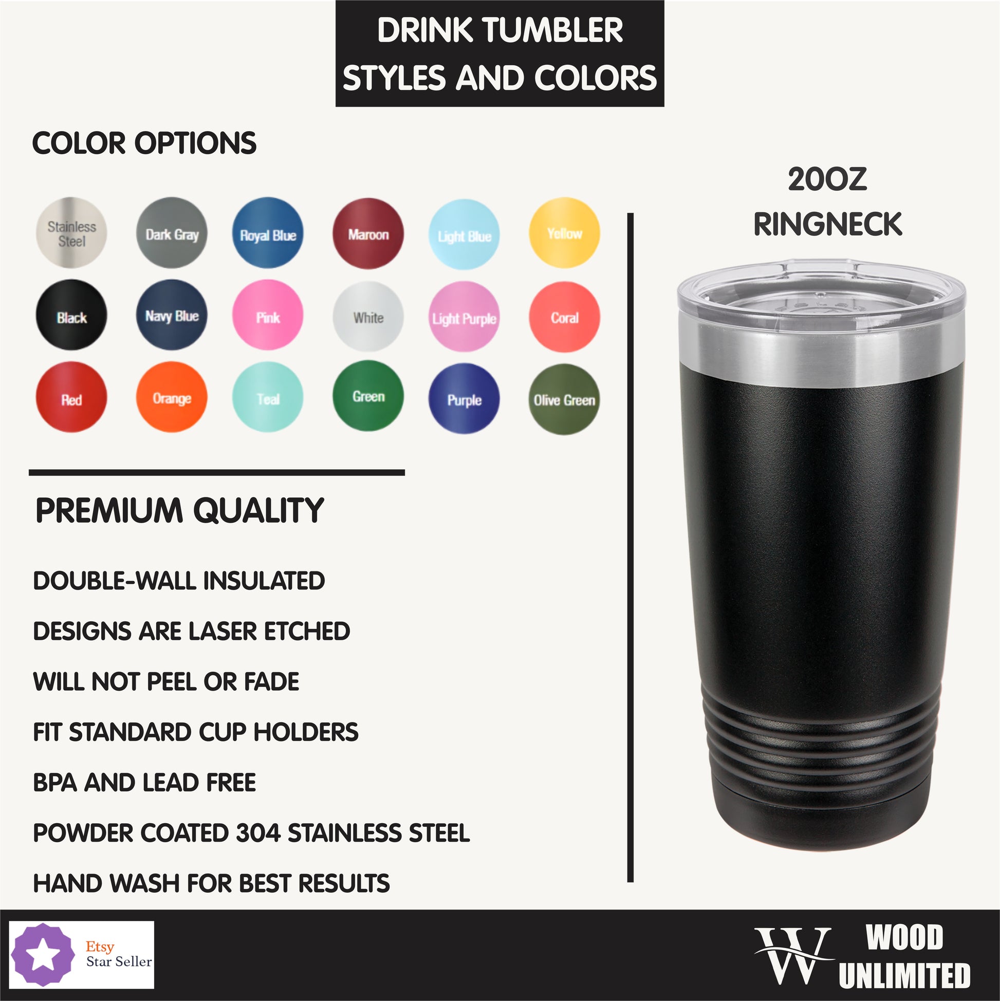 Black tumbler with color options and product details on a white background