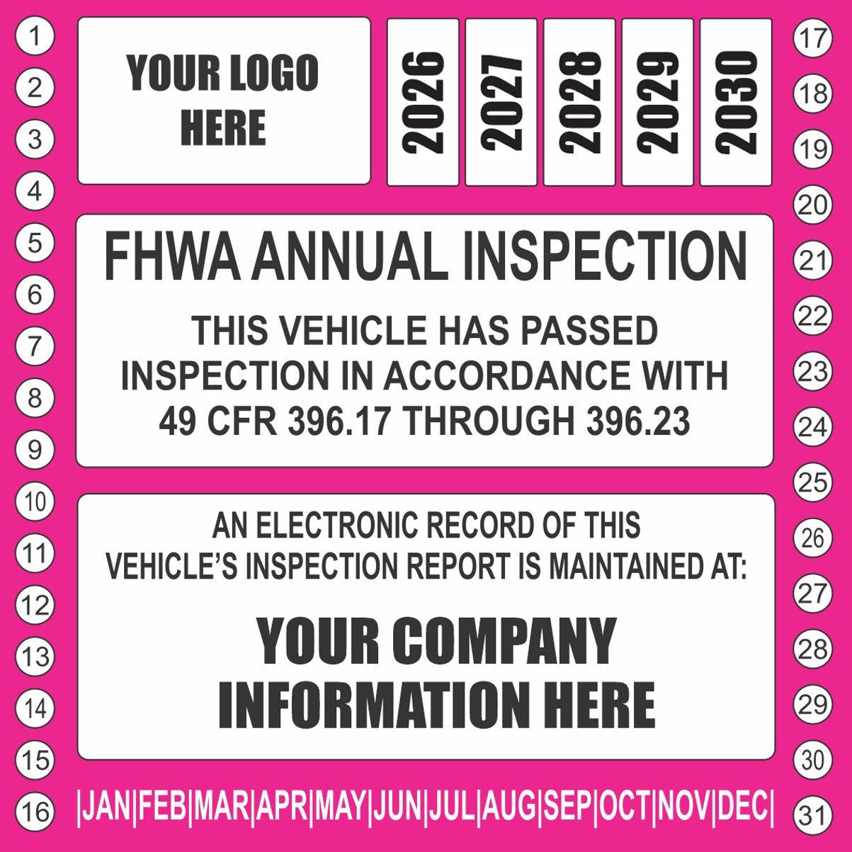 Pink FHWA annual truck inspection label with custom logo and 2026-2030 year grid