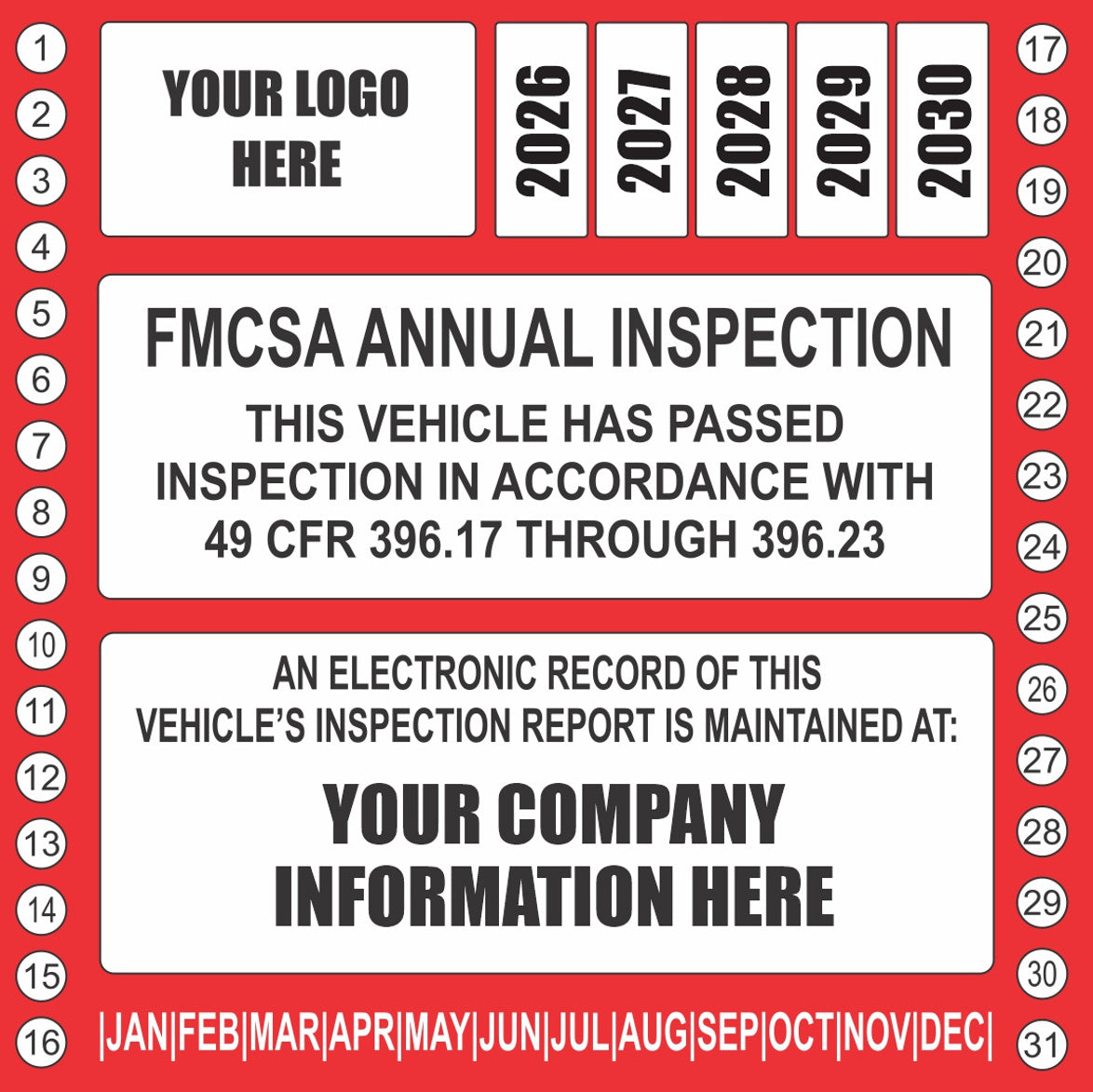 Red FMCSA DOT annual inspection decal personalized with company logo, 49 CFR 396.17-396.23 wording
