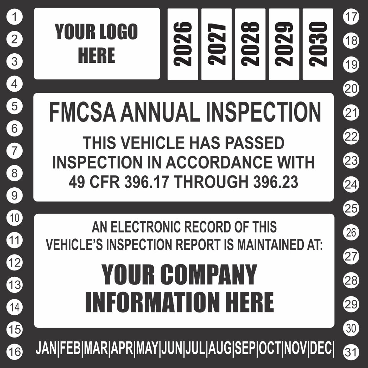 Black FMCSA annual vehicle inspection label with 2026-2030 year grid and custom company info panel
