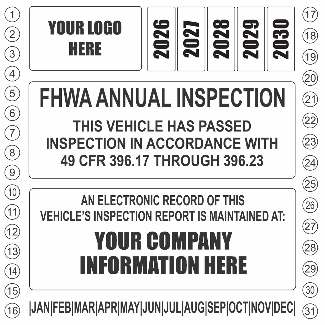 White FHWA DOT inspection sticker with logo box, month row, and day punch circles