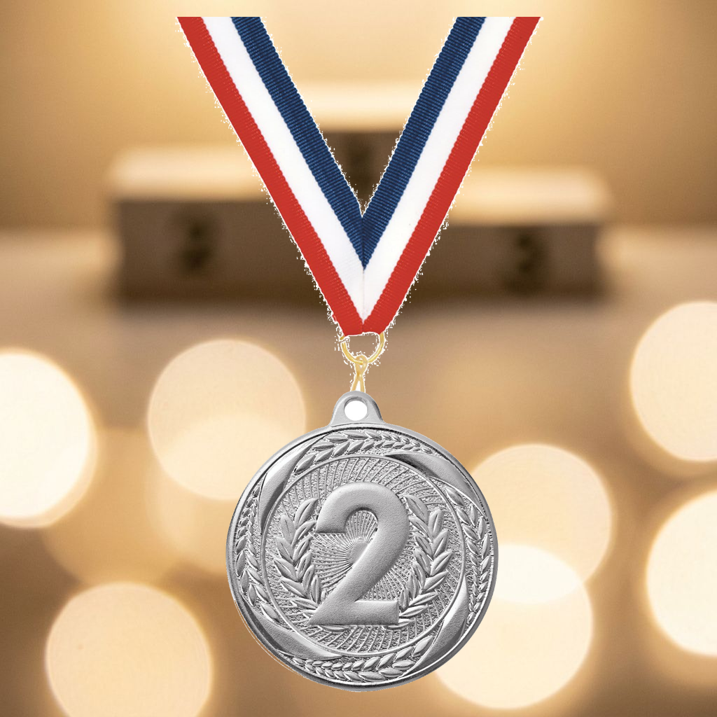 Personalized 2nd Place Medals with Neck Ribbon - Silver - Custom Engraved
