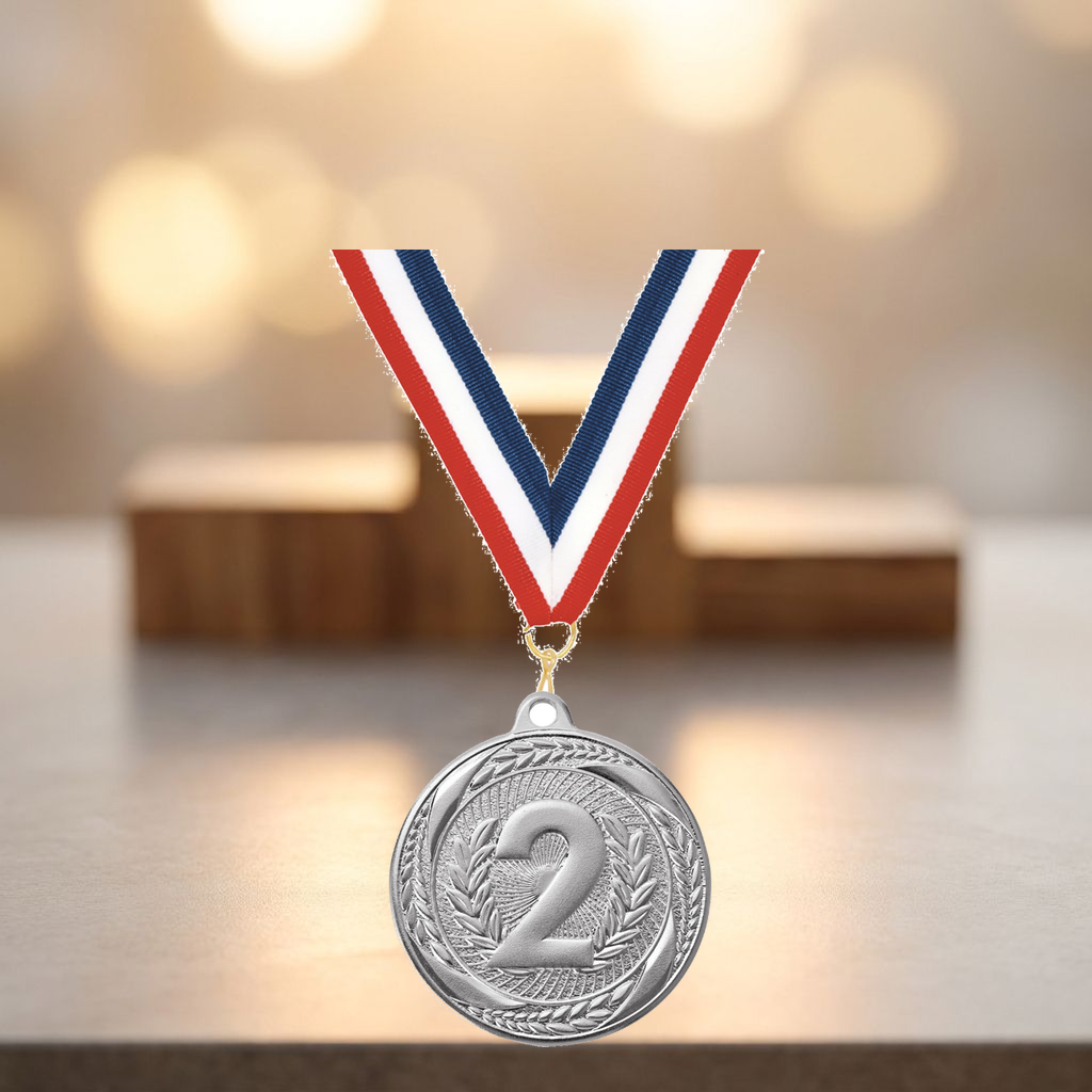 Personalized 2nd Place Medals with Neck Ribbon - Silver - Custom Engraved