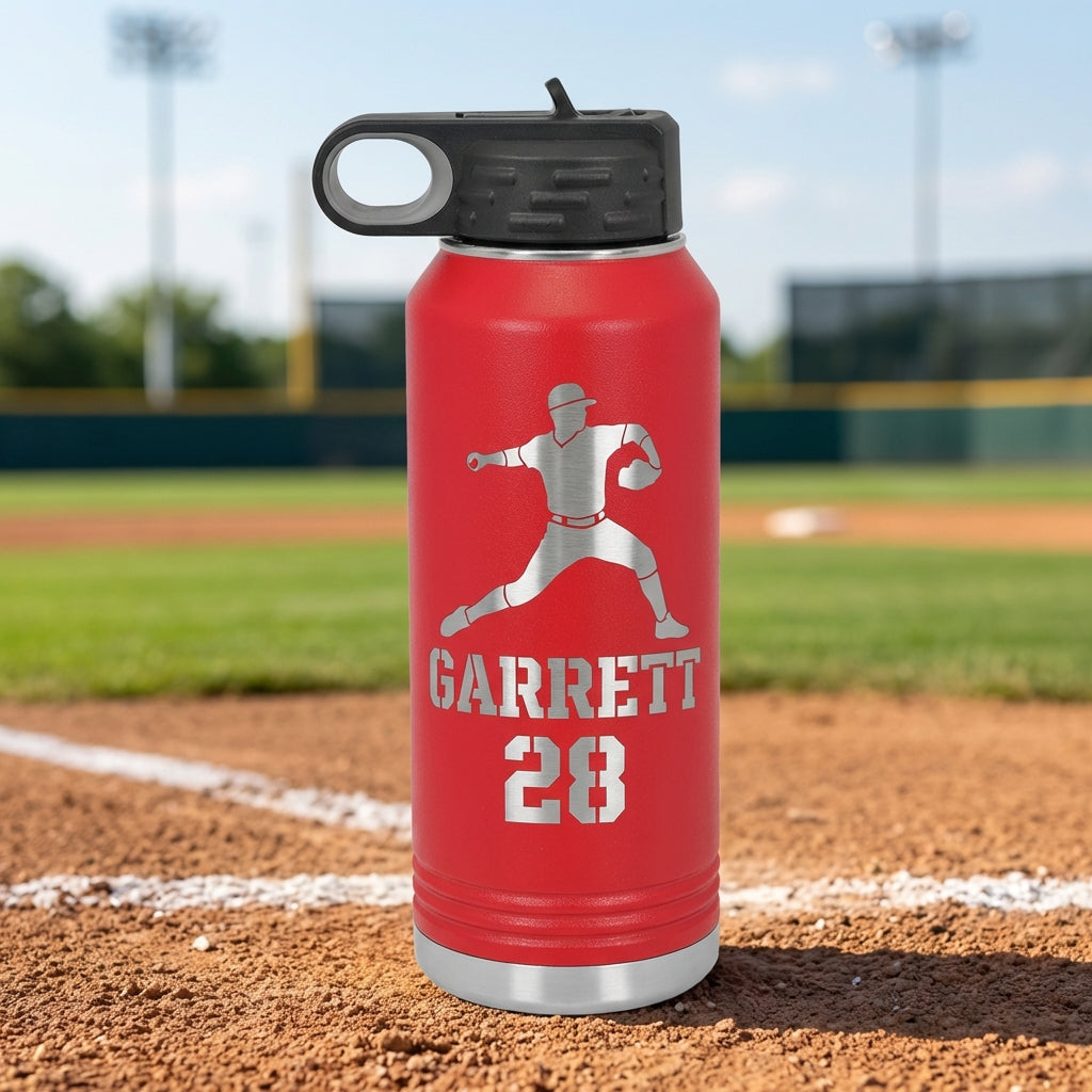 Personalized Baseball Player Water Bottle Gift - Custom Laser Engraved Pitcher Hydration Bottle - Team Coach Thank You End of Season Gift - View 9