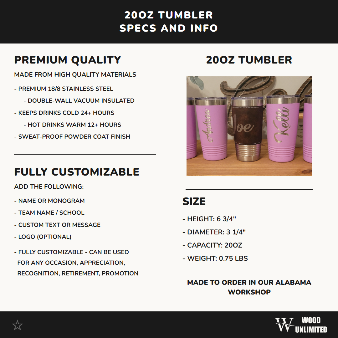 Personalized Leatherette Tumbler - Customized Engraved Insulated Tumbler, Engraved 20oz Insulated Tumbler