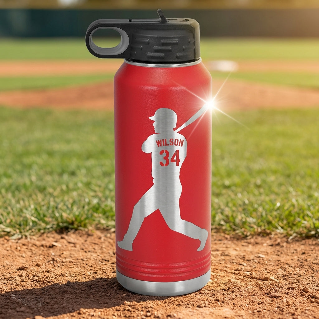 Personalized Baseball Player Water Bottle Gift - Custom Laser Engraved Name & Number - Durable 32oz Sport Hydration - View 2