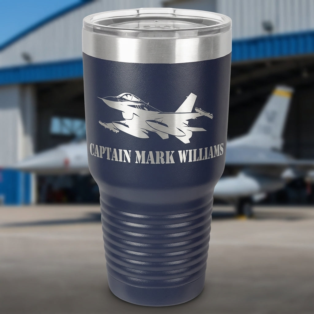 Personalized Air Force Pilot Gift Tumbler - F16 Fighter Jet Mug - Laser Engraved Military Veteran Gift - Custom Name Travel Cup - View 3
