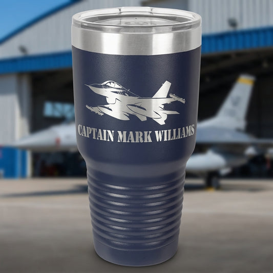 Personalized Air Force Pilot Gift Tumbler - F16 Fighter Jet Mug - Laser Engraved Military Veteran Gift - Custom Name Travel Cup - View 3