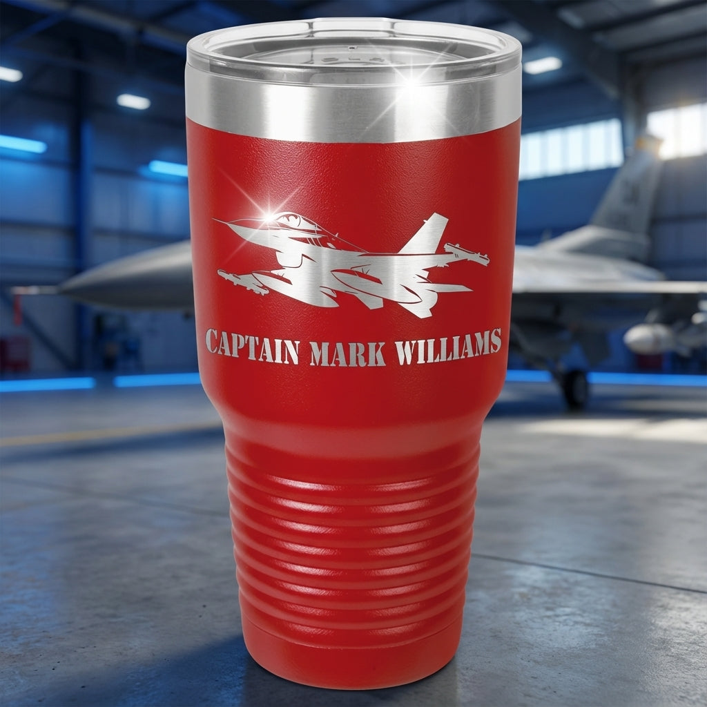 Personalized Air Force Pilot Gift Tumbler - F16 Fighter Jet Mug - Laser Engraved Military Veteran Gift - Custom Name Travel Cup - View 1