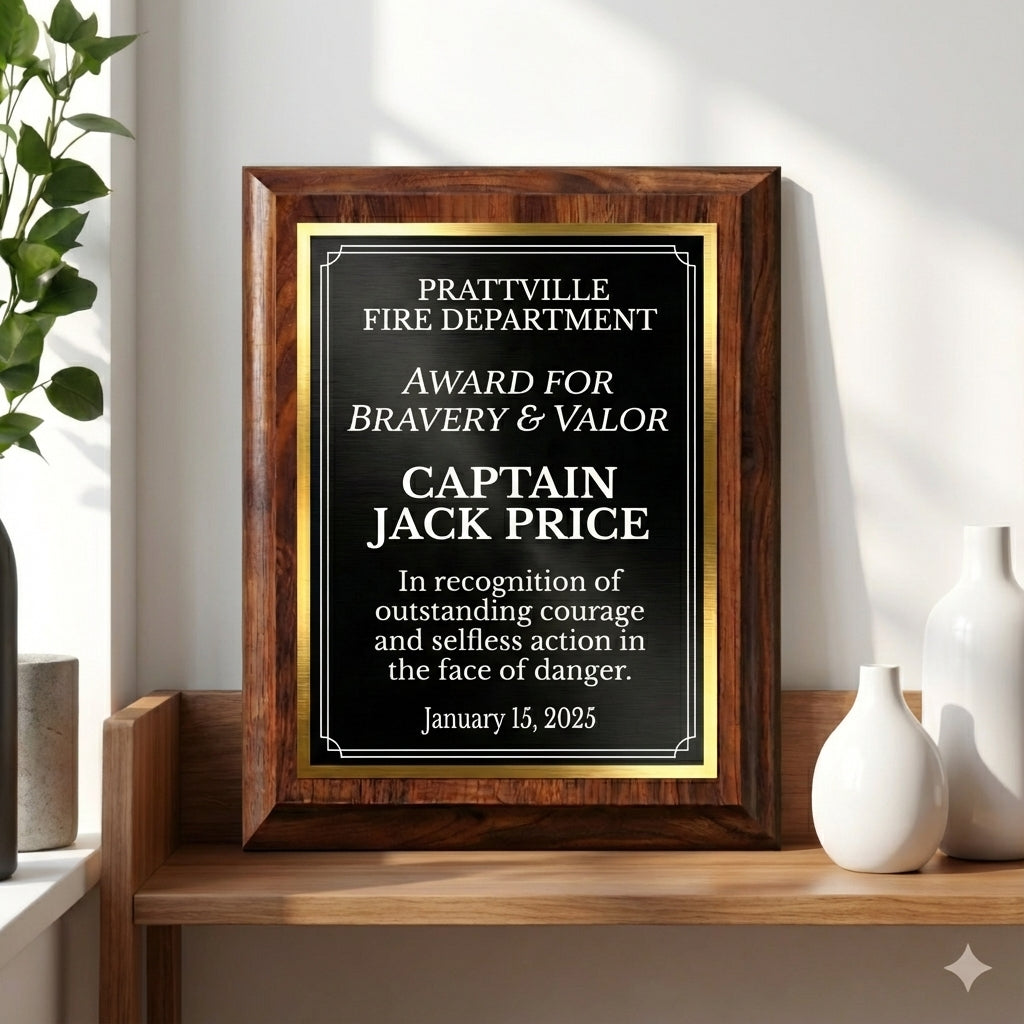 Personalized Firefighter Award Plaque - Custom Bravery Recognition Gift for Fireman Hero Captain - Laser Engraved Wood Sign - View 1