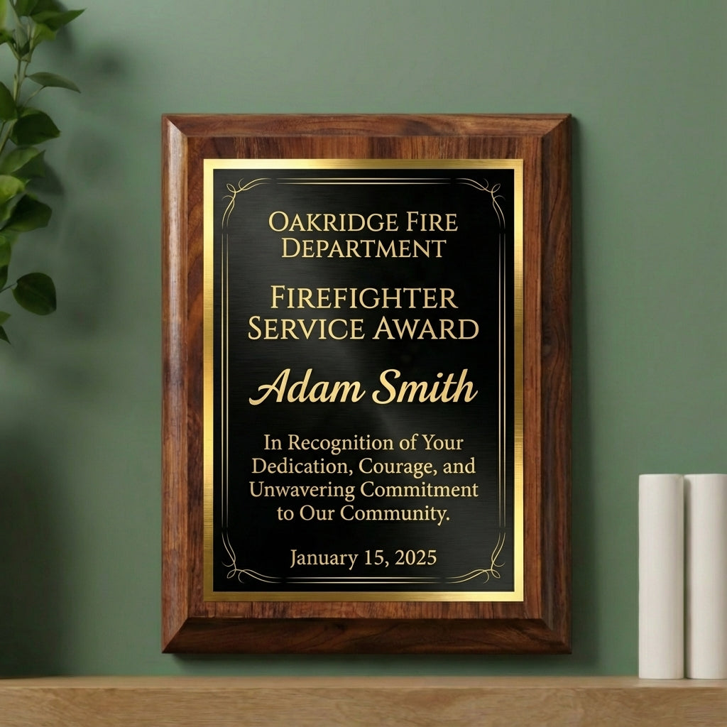 Personalized Firefighter Award Plaque - Service Anniversary Gift - Engraved Wood Hero Recognition - Custom Name - View 3
