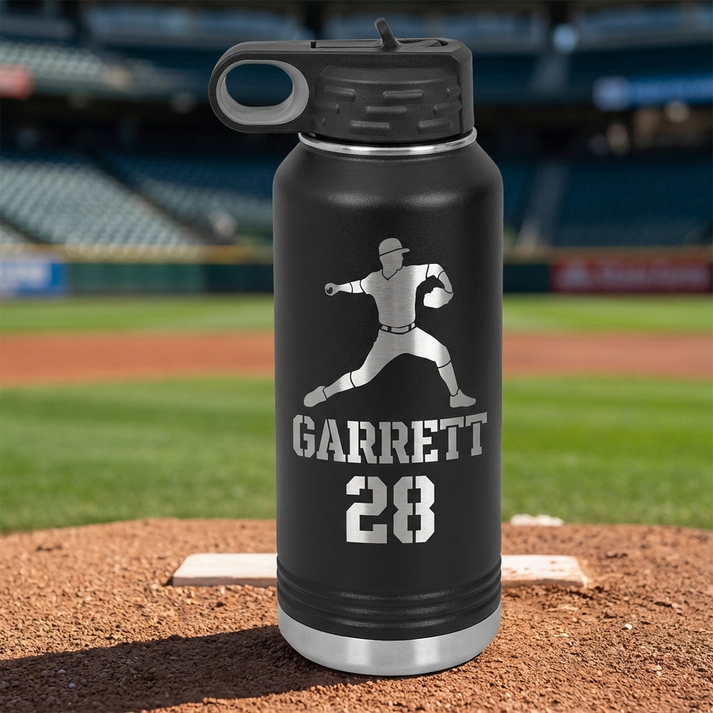 Personalized Baseball Player Water Bottle Gift - Custom Laser Engraved Pitcher Hydration Bottle - Team Coach Thank You End of Season Gift - View 1