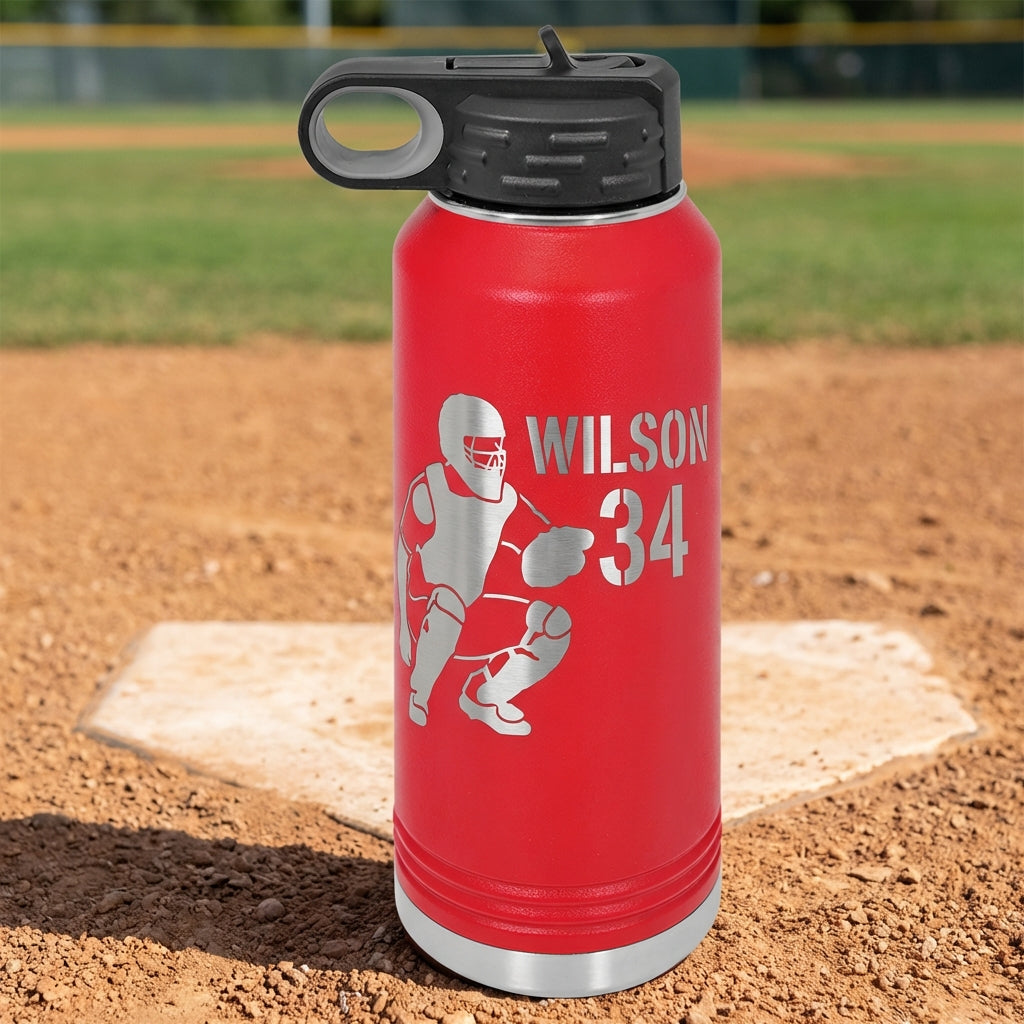 Personalized Baseball Catcher Gift Water Bottle - End of Season Team Present - Laser Engraved Custom Name Number - Durable 32oz - View 2