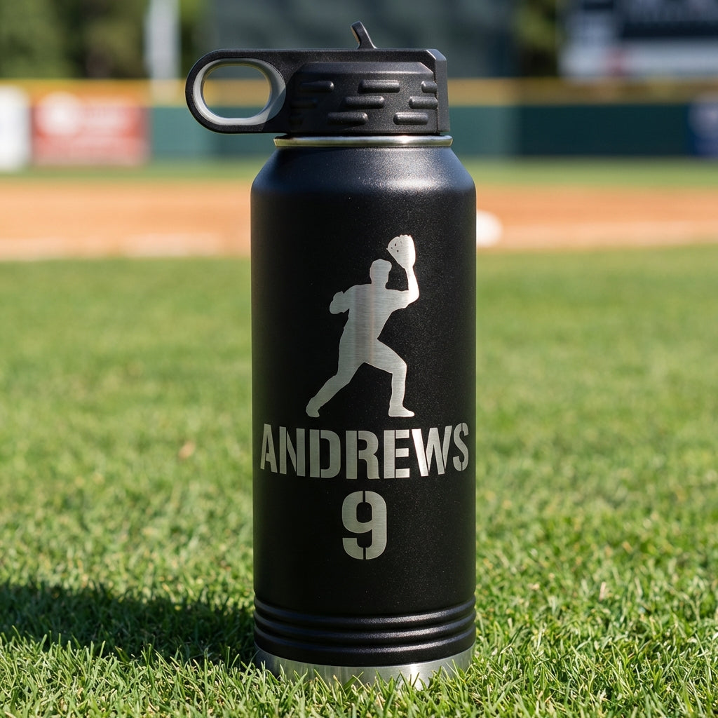 Personalized Baseball Player Water Bottle Gift - Custom Team End of Season Gift - Laser Engraved 32oz Hydration Bottle - Name & Number - View 1