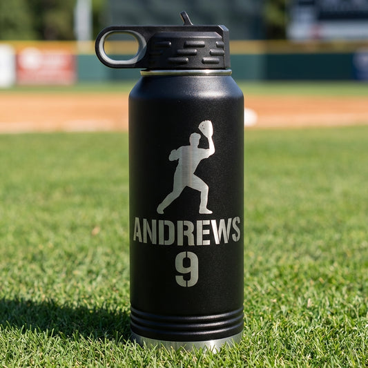 Personalized Baseball Player Water Bottle Gift - Custom Team End of Season Gift - Laser Engraved 32oz Hydration Bottle - Name & Number - View 1