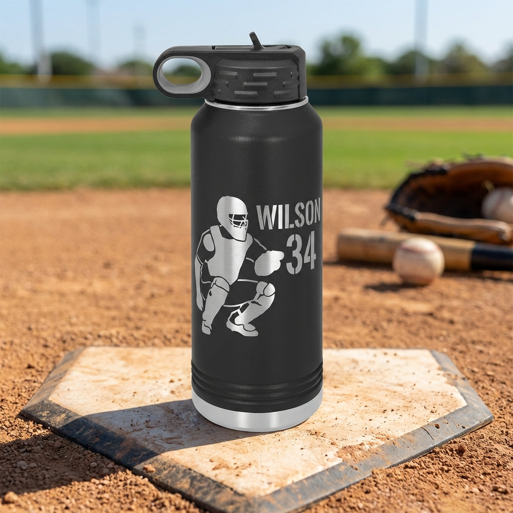 Personalized Baseball Catcher Gift Water Bottle - End of Season Team Present - Laser Engraved Custom Name Number - Durable 32oz - View 1