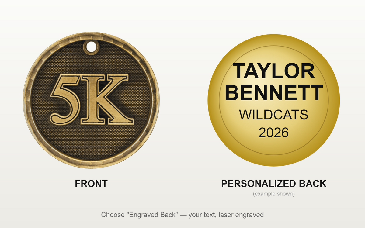 Personalized 5K Medals with Neck Ribbon - Gold Silver Bronze - Custom Engraved
