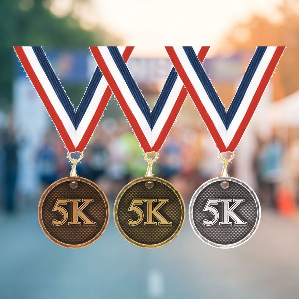 Personalized 5K Medals with Neck Ribbon - Gold Silver Bronze - Custom Engraved