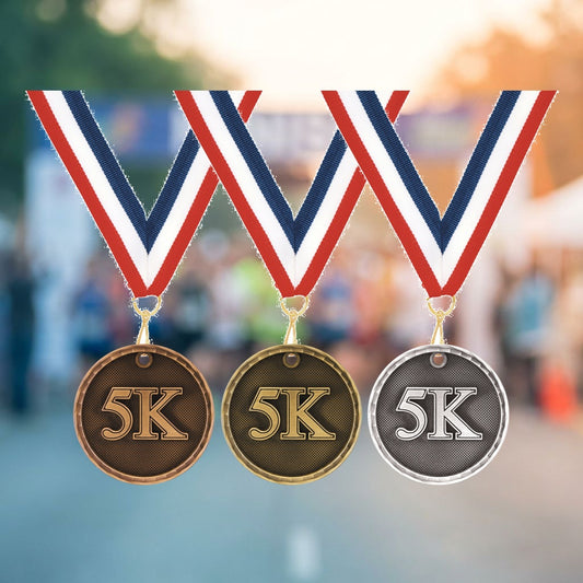 Personalized 5K Medals with Neck Ribbon - Gold Silver Bronze - Custom Engraved