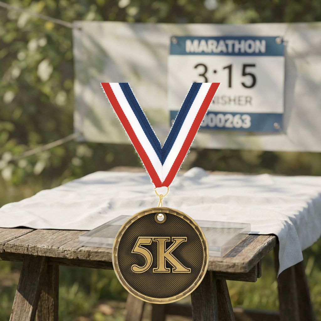 Personalized 5K Medals with Neck Ribbon - Gold Silver Bronze - Custom Engraved