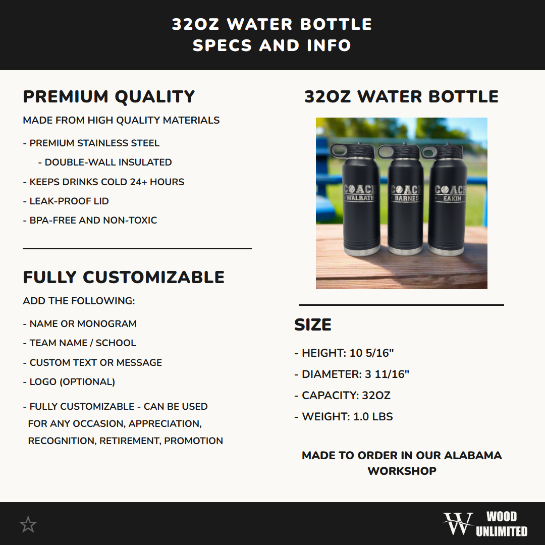 Personalized Baseball Water Bottles - Custom Engraved 32oz Stainless Steel Bottle for Baseball Players and Baseball Coaches