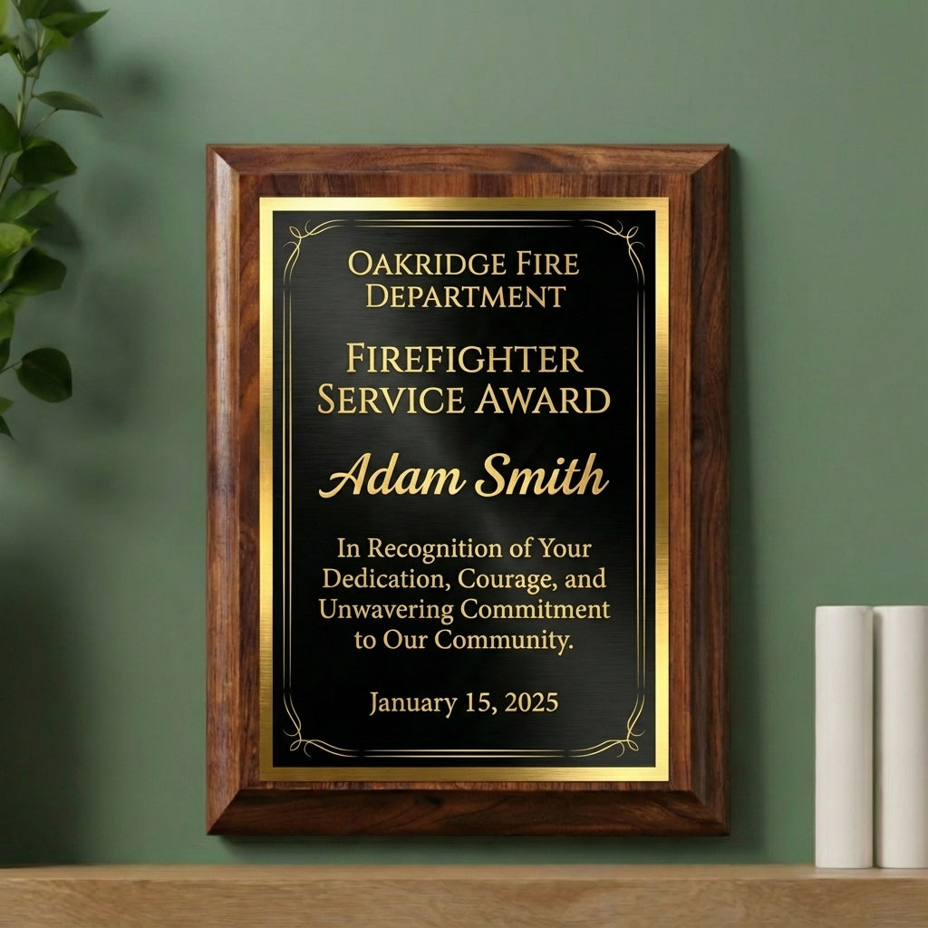 Personalized Firefighter Award Plaque - Service Anniversary Gift - Engraved Wood Hero Recognition - Custom Name - View 5