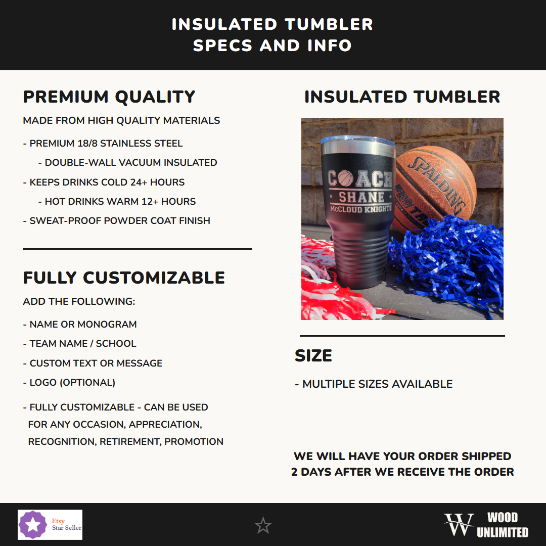 Insulated tumbler with basketball and pom-poms, featuring product details and customization options.