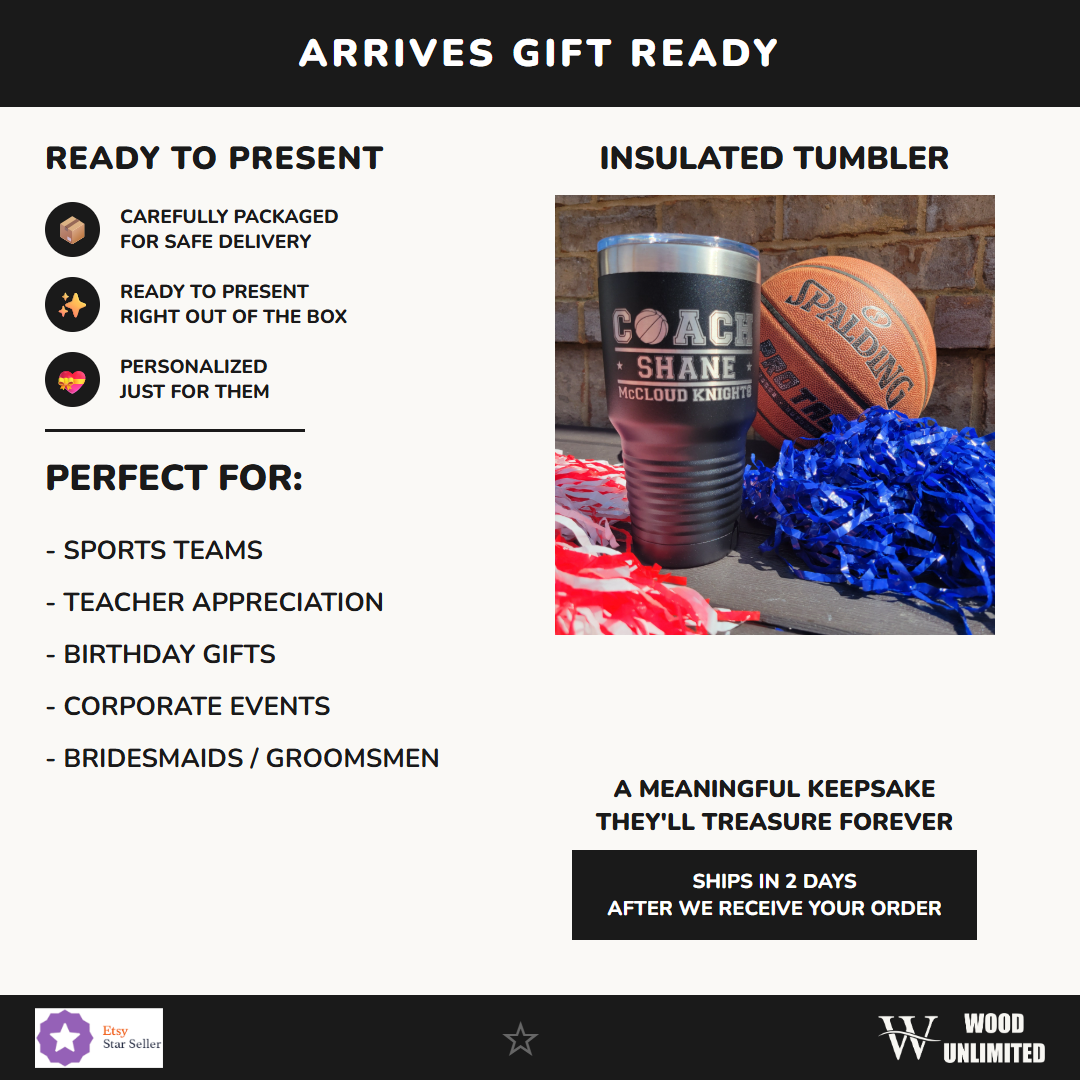 Promotional image of a tumbler with a basketball and pom-poms, featuring text about product features and uses.