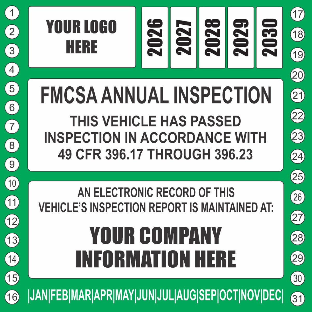 Green FMCSA annual vehicle inspection vinyl label for fleet trucks and trailers
