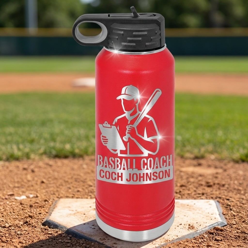 Personalized Baseball Coach Gift Water Bottle - End of Season Team Thank You - Laser Engraved Custom Name 32oz Hydration - View 2