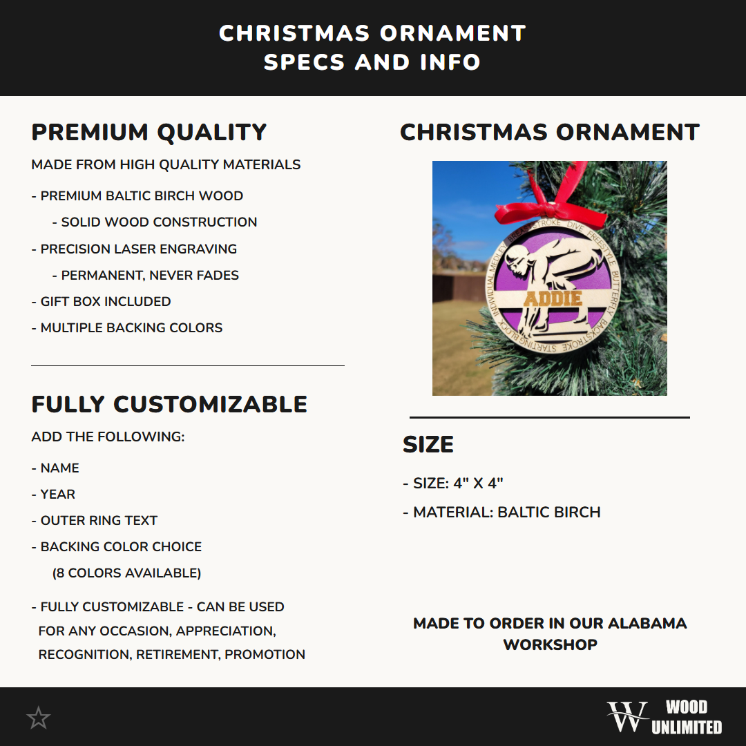 Swimming ornament specifications and personalization details