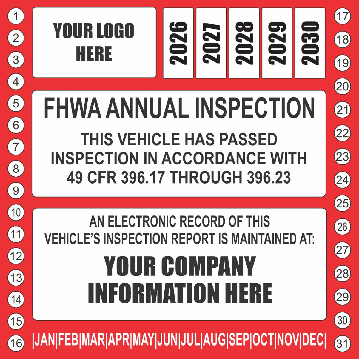 Red FHWA annual vehicle inspection decal customized with your trucking company logo