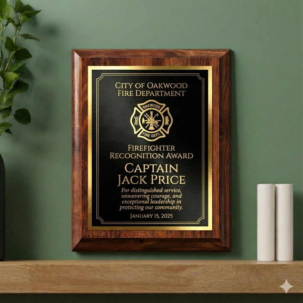 Personalized Firefighter Captain Award Plaque - Fire Department Recognition Gift - Custom Laser Engraved Wood - Hero Tribute - View 1