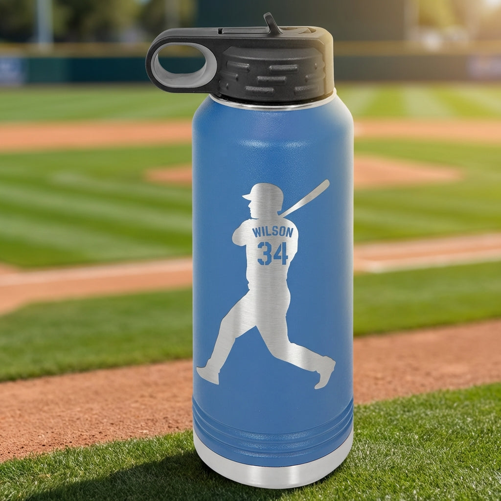 Personalized Baseball Player Water Bottle Gift - Custom Laser Engraved Name & Number - Durable 32oz Sport Hydration - View 3