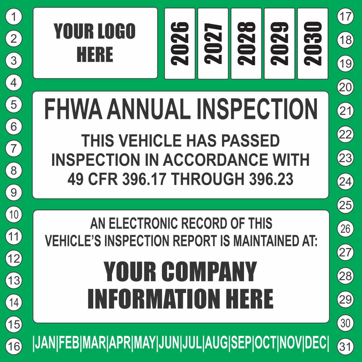 Green FHWA annual inspection vinyl decal for tractors, trailers, and box trucks
