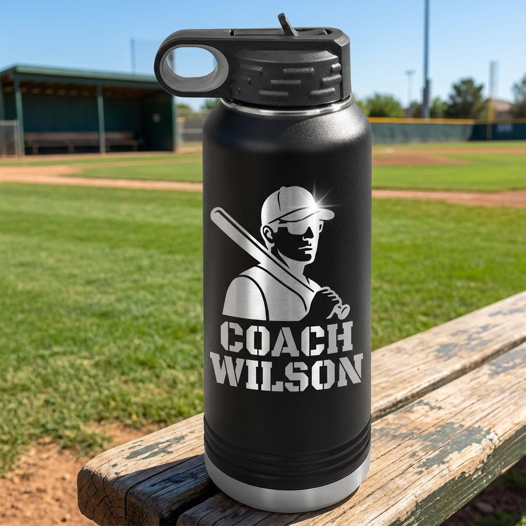 Personalized Baseball Coach Gift Water Bottle - End of Season Thank You - Laser Engraved - Custom Name - View 1