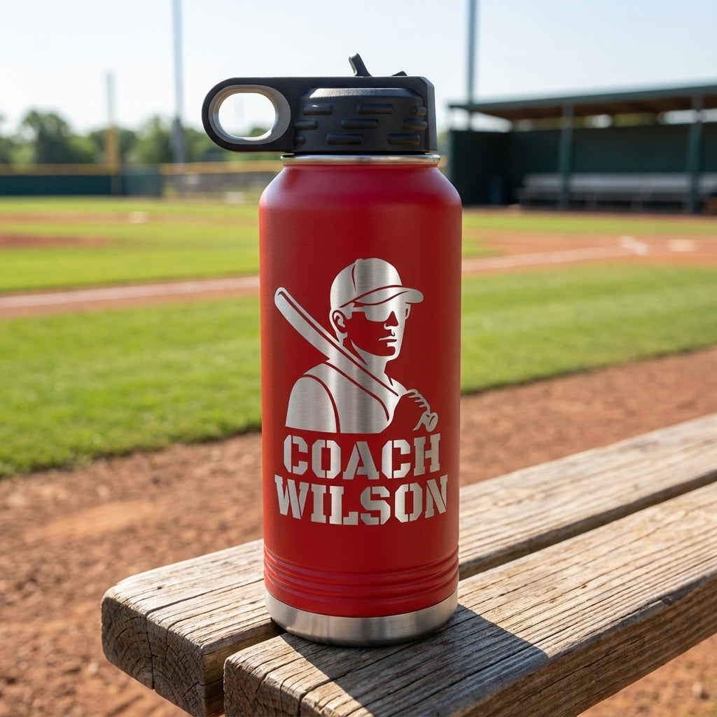Personalized Baseball Coach Gift Water Bottle - End of Season Thank You - Laser Engraved - Custom Name - View 2