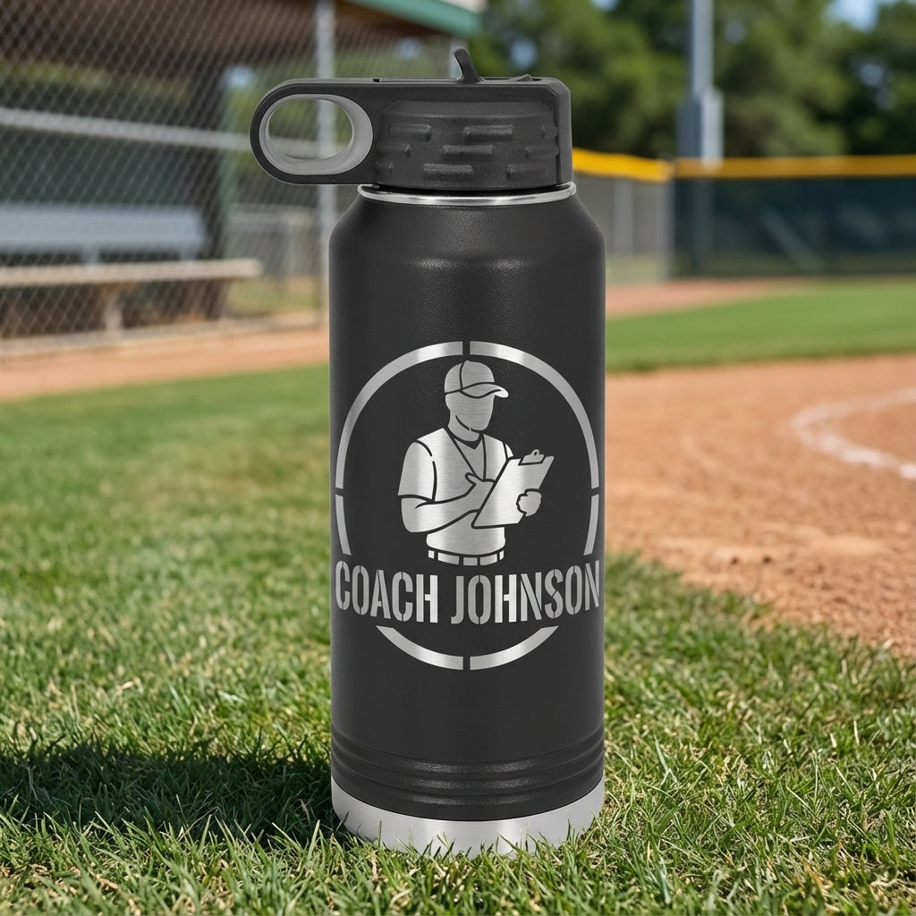 Personalized Baseball Coach Gift Water Bottle - Custom Engraved Team Thank You Present - Durable 32oz Hydration Bottle - View 1