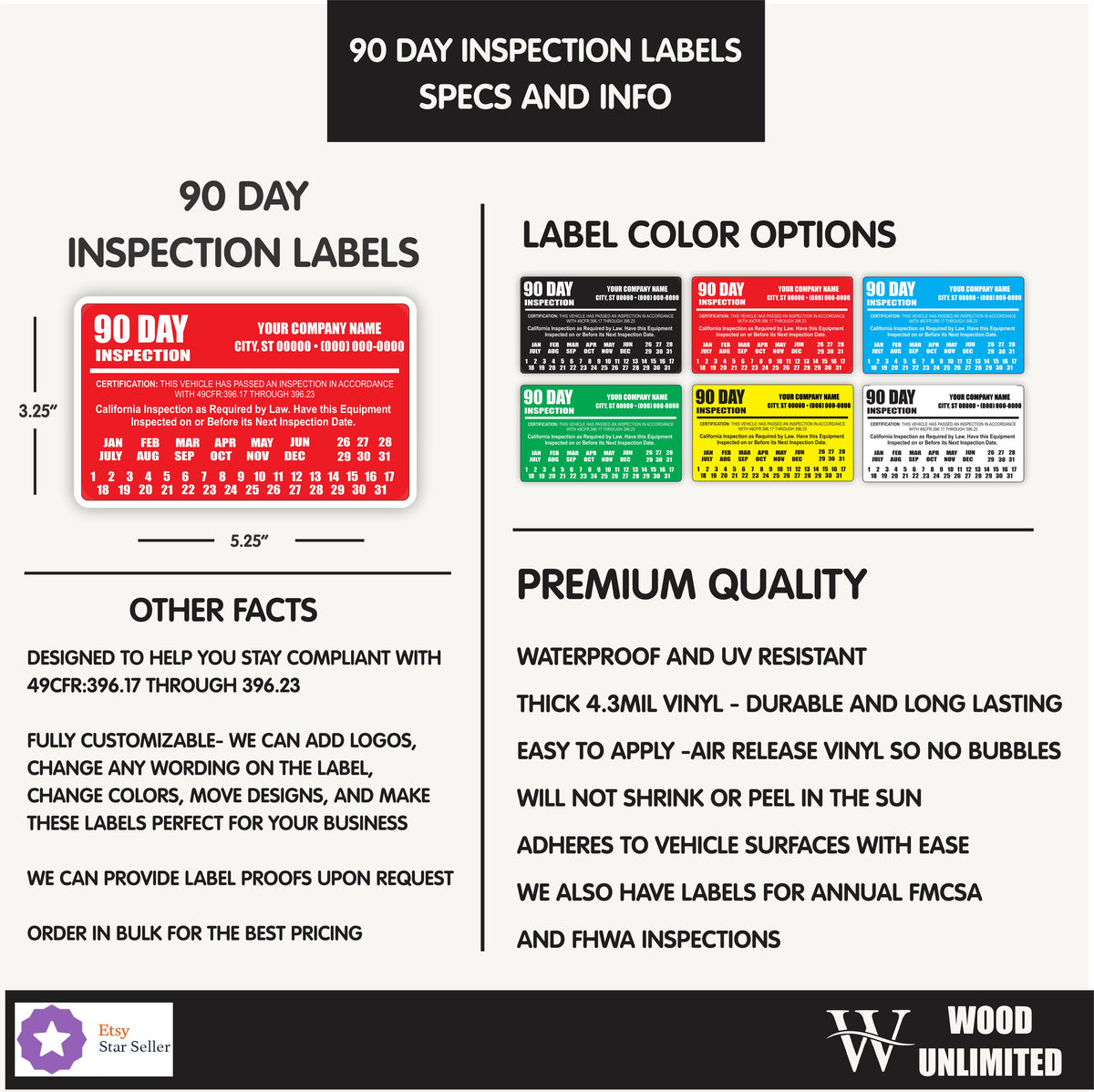 90 Day Inspection Labels specs and color options graphic - 5.25 x 3.25 inch waterproof vinyl decal, available in black, red, blue, green, yellow and white, custom company name and phone number