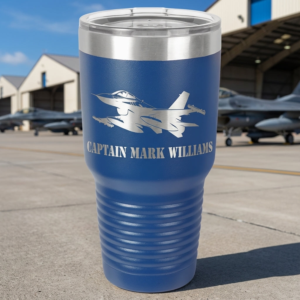 Personalized Air Force Pilot Gift Tumbler - F16 Fighter Jet Mug - Laser Engraved Military Veteran Gift - Custom Name Travel Cup - View 2