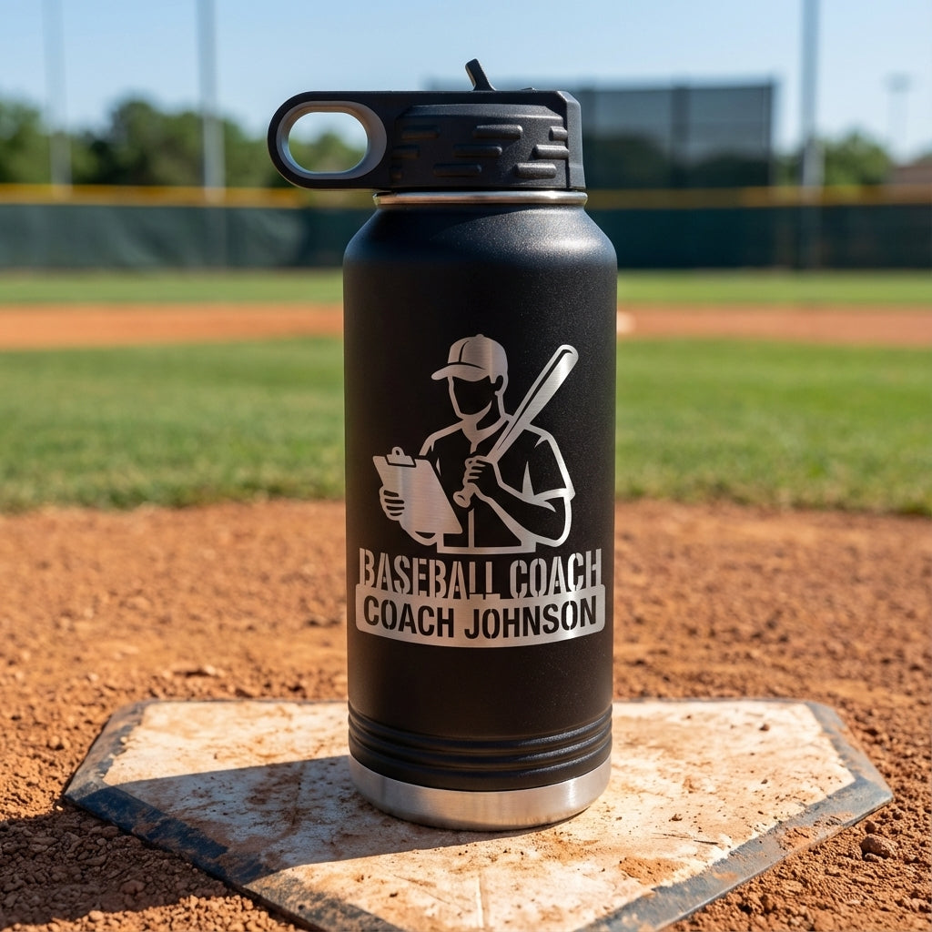 Personalized Baseball Coach Gift Water Bottle - End of Season Team Thank You - Laser Engraved Custom Name 32oz Hydration - View 1