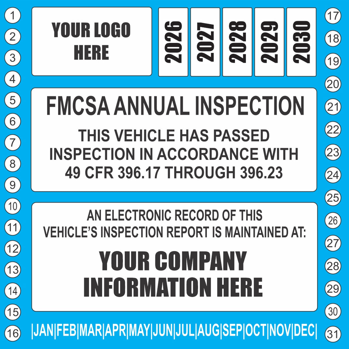 Blue FMCSA truck inspection label with month row, day circles, and 2026-2030 year grid