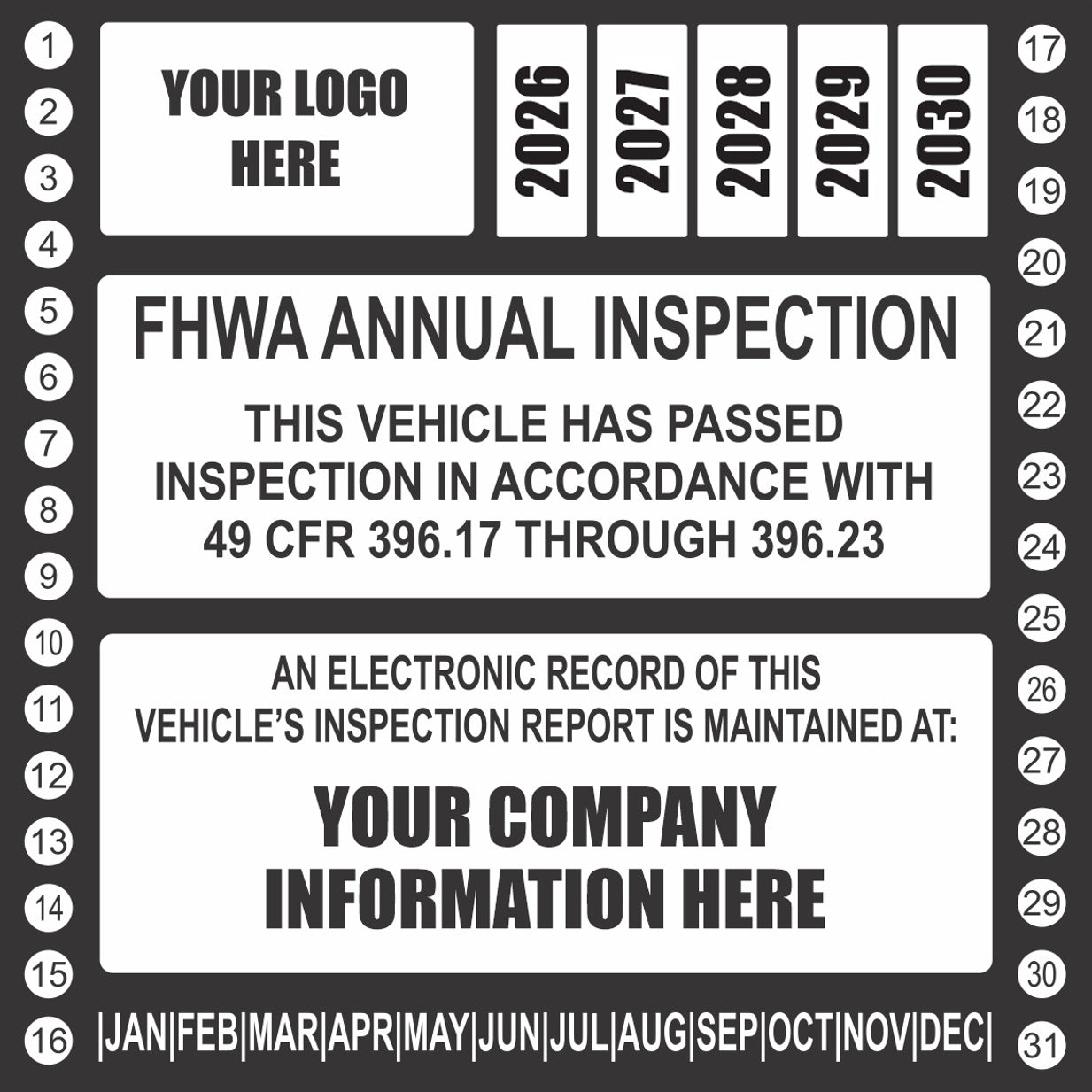 Black FHWA annual inspection label for semi trucks with 2026-2030 year boxes and company info
